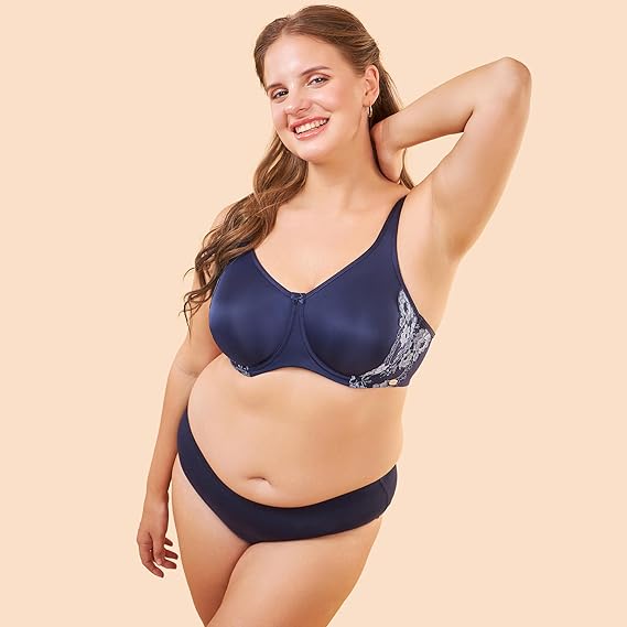 Enamor No-Spill Side Panel Shaping Cotton Minimizer Bra – Women's Everyday Fashion, Lace Trimmer, Wired, Non-Padded, Full Coverage F053